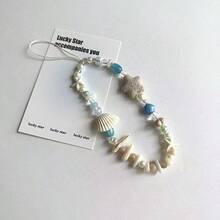 Cordón para teléfono estilo isla con conchas naturales & estrella de mar, fragmentos de conchas naturales seleccionados, estrella de mar de piedra porosa combinada con cuentas de esmalte azul & perlas falsas, textura de playa natural. Enhebrado a mano estilo vintage casual, adecuado para teléfonos, llaves & bolsos de hombro, ambiente de vacaciones, accesorio fresco de nicho de verano, creando un estilo relajado de playa - Celeste - Ver 2