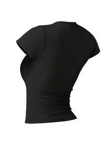 Camiseta deportiva retro, diseño minimalista de cuello redondo, ajuste ceñido, ropa deportiva esencial de verano, ligera y casual, moda minimalista, - Marrón - Ver 4