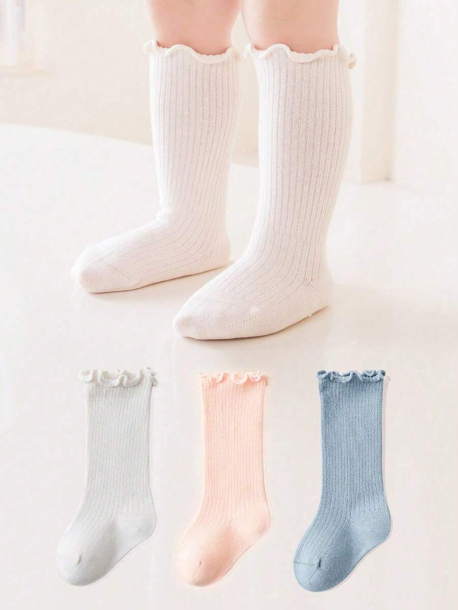3 pares de calcetines infantiles con volantes hasta la pantorrilla, calcetines de bebé con rayas verticales y colores de caramelo, calcetines elegantes de princesa - Multicolor - Ver 1