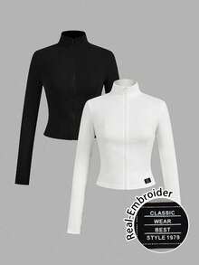 ear 2 piezas Conjunto versátil de ropa deportiva de punto blanca y negra para yoga y fitness, camiseta de manga larga con cremallera y bordado gráfico de letras, elegante para otoño/invierno - Multicolor 6 - Ver 12