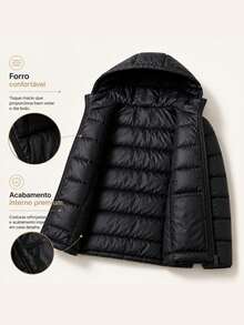 Jaqueta Puffer Feminina Casual Inverno Grossa Confortável Com Touca Integrada - Preto - Visão 4