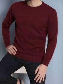 Men's Plain Wool Knit Sweater With Round Neck And Long Sleeves For Winter - Burgundy - View 1