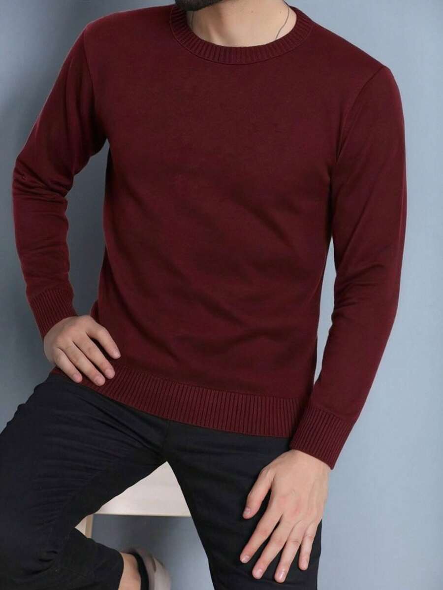 Men's Plain Wool Knit Sweater With Round Neck And Long Sleeves For Winter - Burgundy - View 1