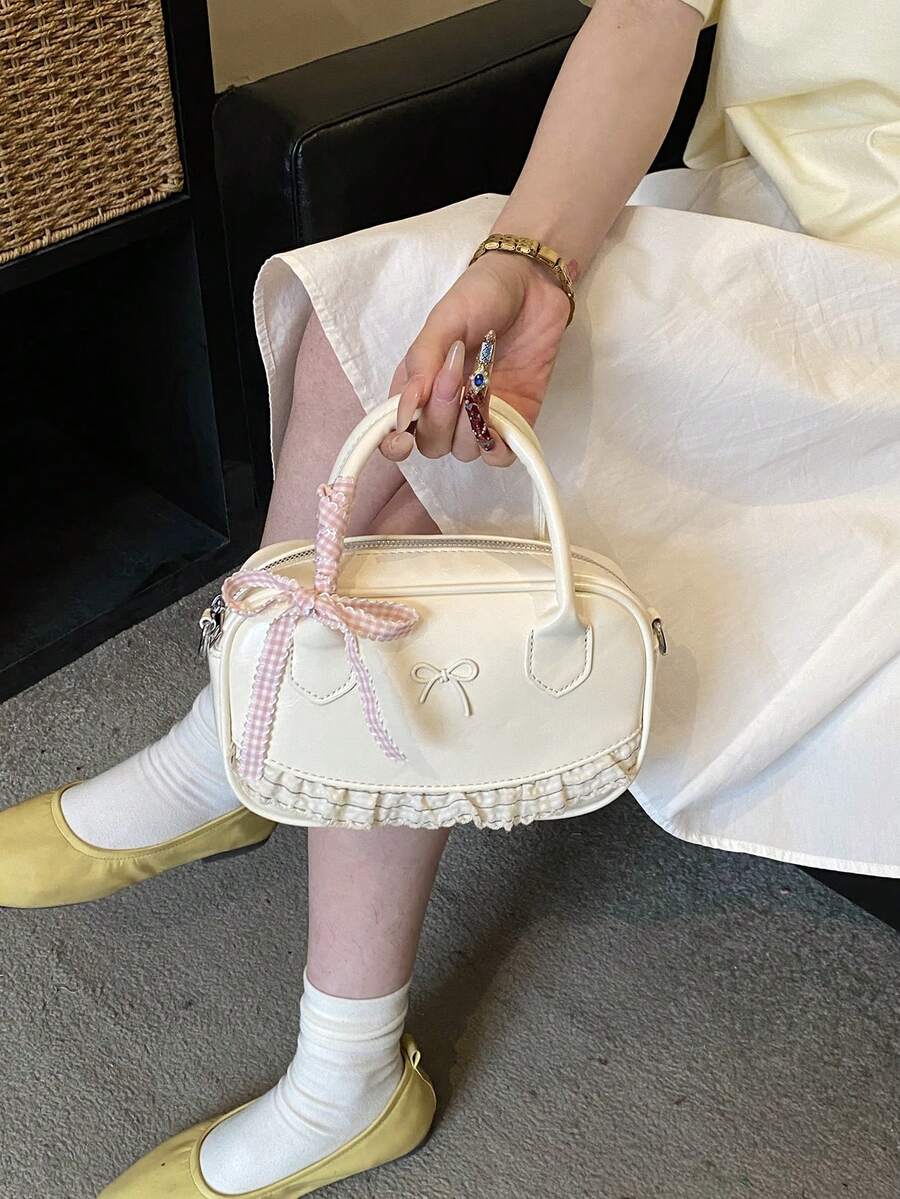 2026春夏薄荷綠格紋托特包：荷葉邊飾蝴蝶結與愛心吊飾圓點女款手提包，優雅薄荷綠棕色格紋大容量包