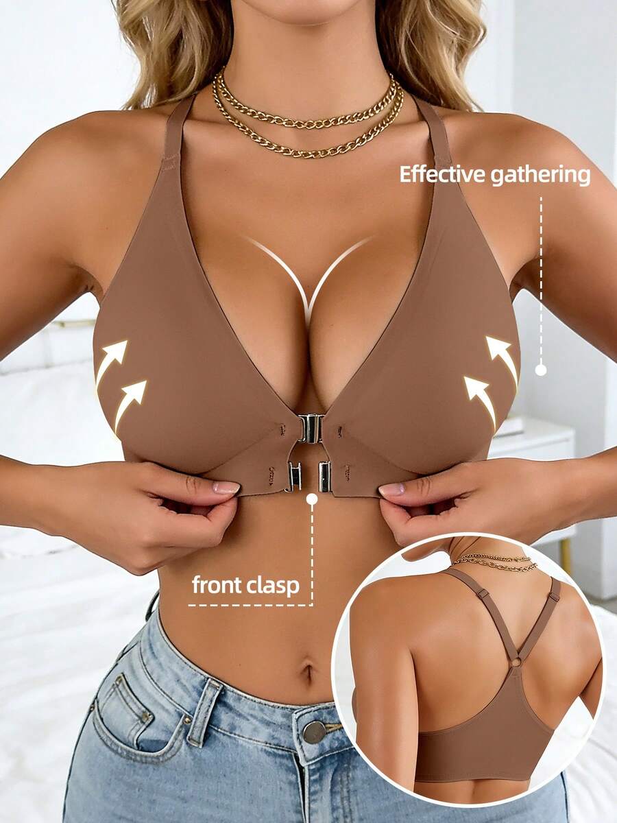 1 buah Bra Push-Up Wanita Tanpa Jahitan dengan Penutup Depan, Leher V, Desain Garis Punggung & Bahu Halus, Cocok untuk Kencan, Bepergian, atau Pesta - Coklat - View 1