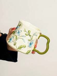 1 pieza Taza de cerámica hecha a mano con brote azul, estilo pastoral fresco, gran capacidad, taza de café de cerámica asimétrica hecha a mano, adecuada para taza de agua de oficina, café, varios tés, uso comercial - Multicolor - Ver 7