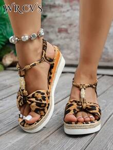 WRCVS Printed Sandals, Summer Platform Wedge Sandals, Holiday Essential, Handmade Beaded Floral Pattern - Brown - View 5