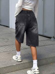 Shorts bermuda en jean Y2K d'été pour femmes, style street cool, délavé, taille mi-haute, coupe ample, poches obliques, jambes larges, décontracté, jorts - Fumée noire - Voir 2