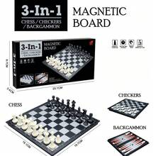 3合1磁性折疊西洋棋、跳棋、西洋跳棋套裝，便攜旅行教育桌上遊戲，適合所有年齡 - 黑白 - 查看 6