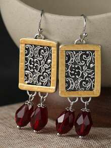 1 paire de boucles d'oreilles pendantes vintage créatives rouges carrées ajourées en forme de goutte d'eau, boucles d'oreilles bicolores à motif d'herbe bouclée avec une esthétique vintage, breloque élégant pour les goûters et les dîners formels - Multicolore - Voir 8