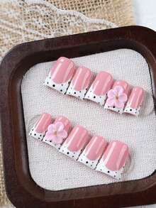10Pcs Sweet Style Duck Bill Press On Nails, Nude Pink Polka Dot French False Nails Decorated With 3D Pink Flowers And Gold Beads, Glossy Handmade Reusable Nail Tips For Daily Work, Dating And Travel, Ideal Gift For Women. - Follow Your Heart - View 4