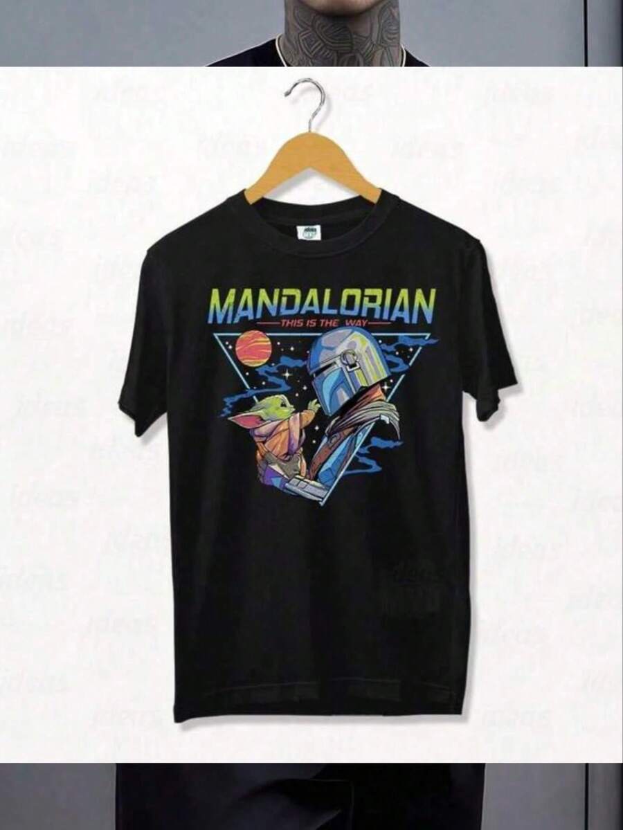 Mandalorian Baby Graphic Casual Cotton T-Shirt - Black - View 1