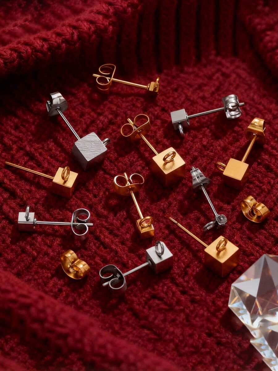 10-Piece Set Of 304 Stainless Steel 18K Gold-Plated Square Stud Earrings In 2/3/4/5mm Sizes With Dangling Globe-Shaped 4mm Earrings. Women's Stainless Steel Jewellery Stud Earrings. DIY Earring Accessories. Jewellery Making Components. - Multicolor - View 1