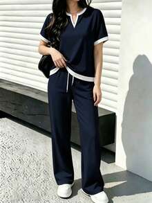 Spring/Summer Women's 2-Piece Set, Casual Versatile Contrast Color V-Neck Short Sleeve Top And High Waist Drawstring Straight Leg Pants Elegant - Navy Blue 46+ Off-white - View 3