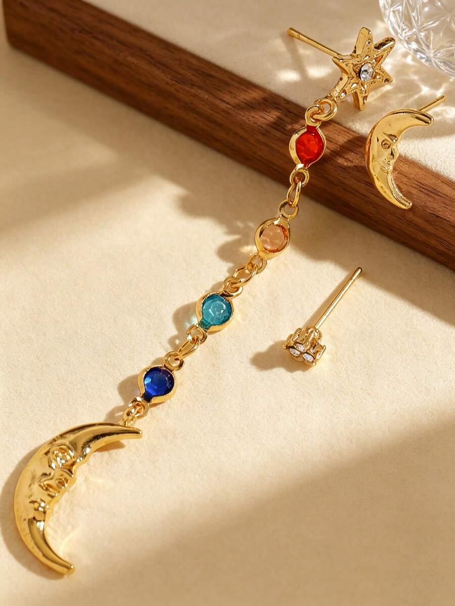 1組隨機彩色水鑽拼接流蘇鏈條人像月亮吊墜星形新月耳釘,時尚優雅女款耳環,適合日常、派對、約會、假日、音樂節、夏季海灘度假,給朋友、家人、情侶、女性的紀念禮物,原創設計珠寶飾品 - 隨機彩色 - 查看 1