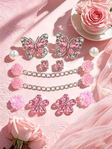 Hiasan Sepatu Bakiak Bergaya Manis dan Keren Warna Pink dengan Rhinestone, Set Bunga Sepatu Resin Paduan Mawar Permen Mahkota Kupu-kupu, Kompatibel dengan Sepatu Bakiak - Berwarna merah muda - View 3