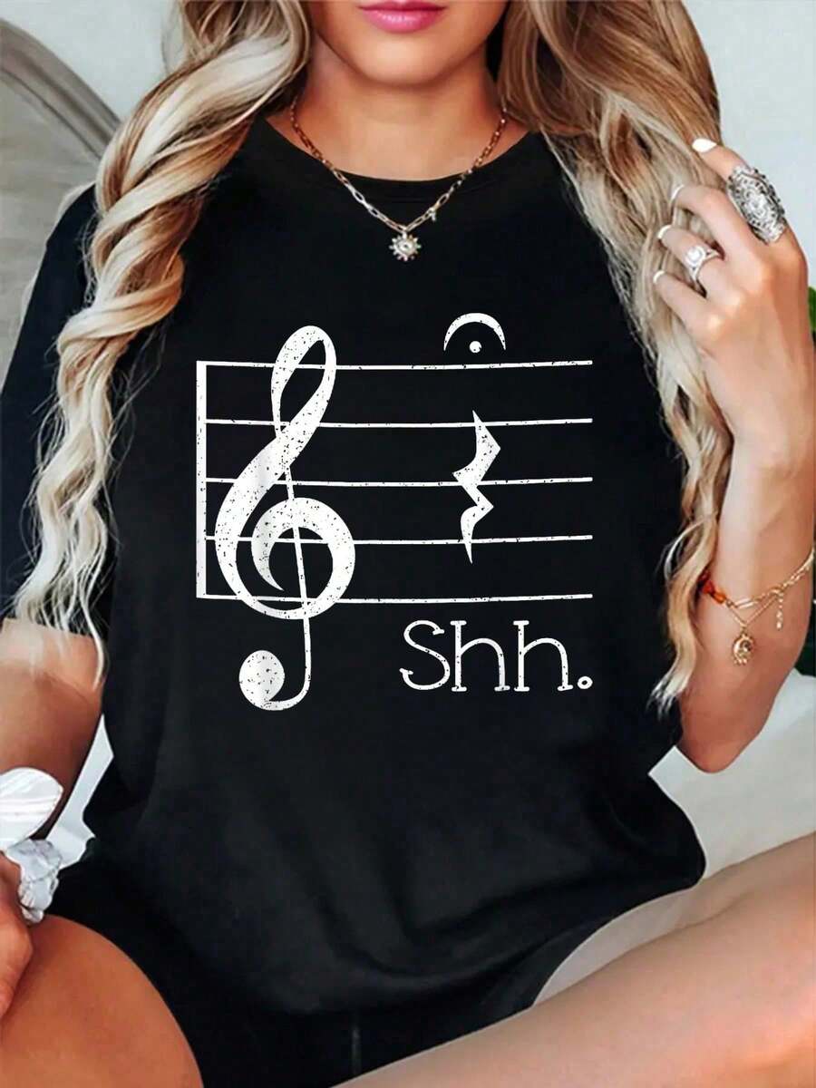Camiseta de Talla% Algodón con Estampado Divertido deúsica Shh Quarter Rest And Fermata - Camiseta de Verano - Negro 12 - Ver 1