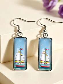 1 Pair Rectangular Ocean Style Pattern Sailboat Earrings Sailboat/Lighthouse/Anchor/Starfish Shell Summer Beach Vacation Earrings - Silver - View 5