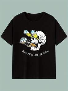 Camiseta Gráfica para Hombre DESTRÓYETE LA VIDA CON ESTILO - Camiseta de Manga Corta de Algodón Negro, Diseño de Calavera y Gafas de Moda - Estilo Casual de Verano, 180g de Algodón - Negro - Ver 1