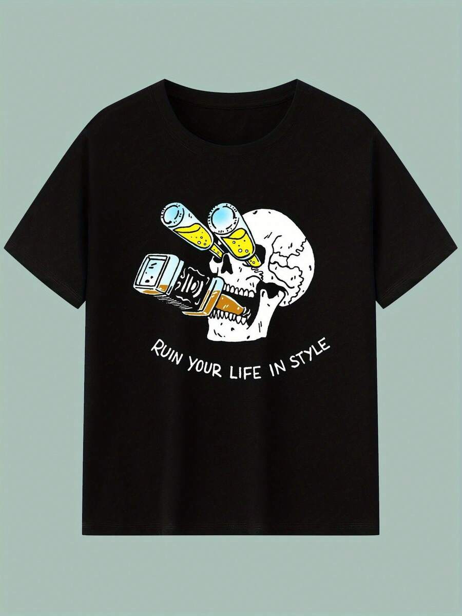 Camiseta Gráfica para Hombre DESTRÓYETE LA VIDA CON ESTILO - Camiseta de Manga Corta de Algodón Negro, Diseño de Calavera y Gafas de Moda - Estilo Casual de Verano, 180g de Algodón - Negro - Ver 1