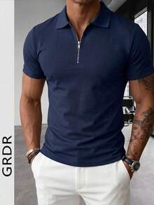 GRDR Men's Solid Color Short Sleeve Zipper Design Casual Versatile T-Shirt - Navy Blue - View 5