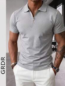 GRDR Men's Solid Color Short Sleeve Zipper Design Casual Versatile T-Shirt - Light Grey - View 5