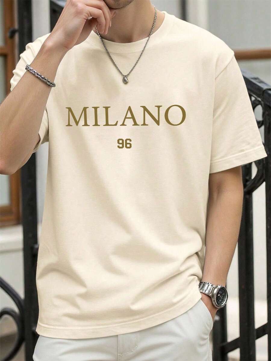 NEOREFINED Men's Short Sleeve Crew Neck Letter Print T-Shirt - 卡其色 - 查看 1