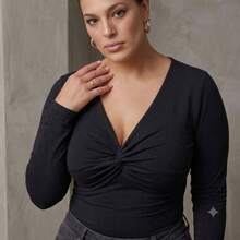 Wrap Bodysuit With Front Detail, Deep Neckline, Long Sleeves - Black - View 1