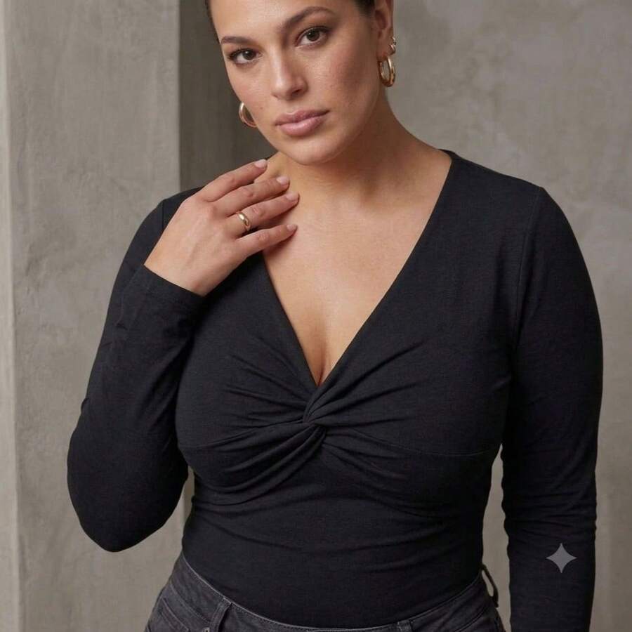 Wrap Bodysuit With Front Detail, Deep Neckline, Long Sleeves - Black - View 1