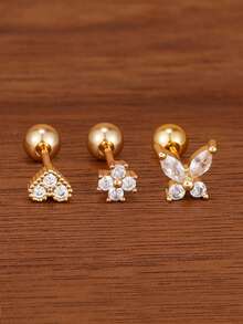 3PCS Fashion Dazzling Zirconia Butterfly Stud Earring Set For Women 18K Gold Plated Stainless Steel Cartilage Piercing Earring Hypoallergen Jewelry - 1-gold-3PCS - View 2