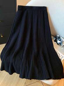 Elegant Women's Navy Blue Knit Maxi Dress, Long Pleated A-Line Silhouette, Mid-Stretch Slim Fit Design, Versatile For Autumn, Winter And Spring - Navy Blue - View 3