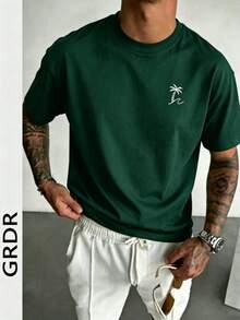 GRDR Men's Round Neck Fashionable Palm Tree Printed Short Sleeve T-Shirt, Casual - Dark Green - View 3