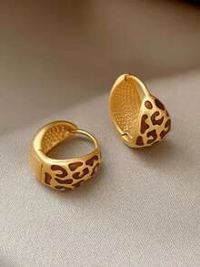 1 Pasang Anting Hoop Minimalis Mewah Motif Leopard, Cocok untuk Pemakaian Sehari-hari dan Liburan Wanita - Yellow Gold - View 7