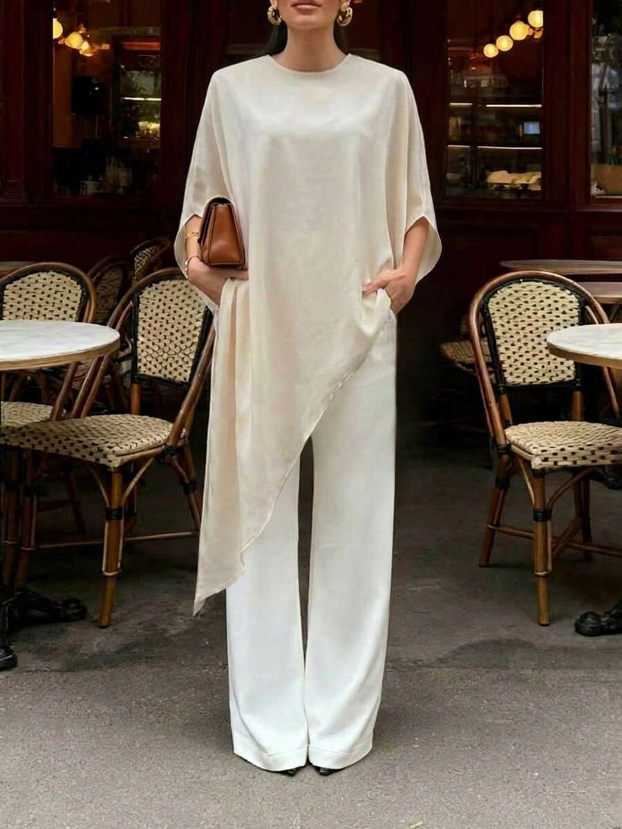 Averia 女款純色不對稱披肩設計極簡寬鬆上衣，休閒優雅通勤商務度假日常約會上衣，適合春夏秋