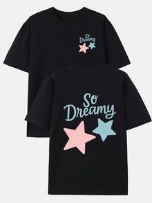 Camiseta de Moda Masculina Dreamy |   Estampado de estrellas en ambas caras, cuello redondo, estilo casual, corte regular, mangas cortas, perfecto para el fin de semana y uso informal, - Negro - Ver 1