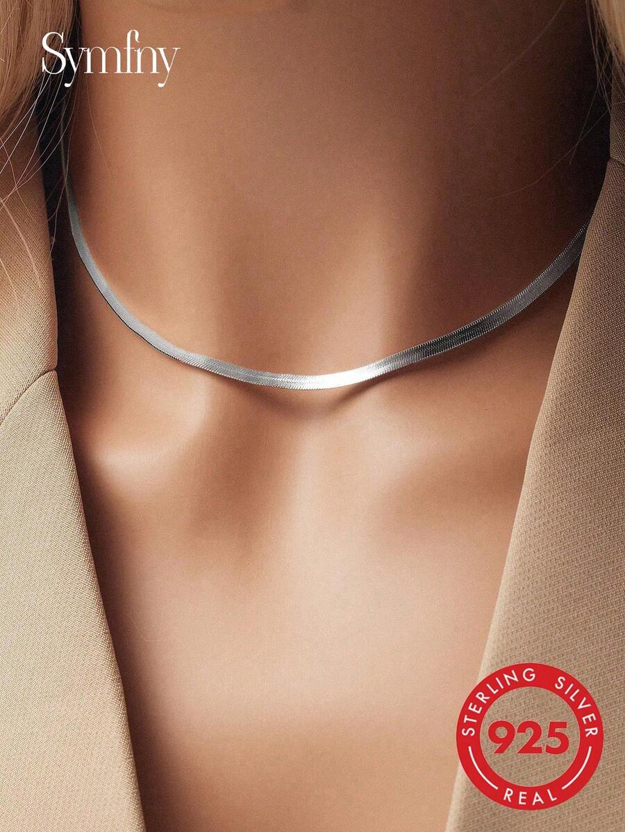 SYMFNY 1pc 925 Sterling Silver Minimalist 3mm Flat Snake Chain Necklace, Suitable As Jewelry Gift For Men And Women For Daily Wear - Silver - View 1