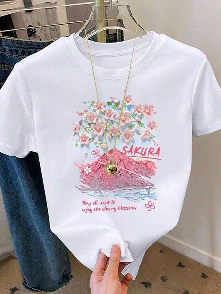 100% Algodón 1 pieza Camiseta de manga corta con cuello redondo y estampado floral para mujer 180g 100% Algodón - Blanco 6 - Ver 1