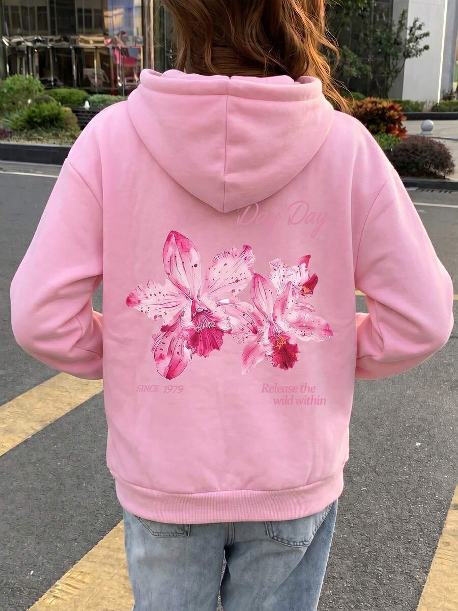 Y2K 花卉印花落肩休闲连帽衫 - 淺粉色 - 查看 1