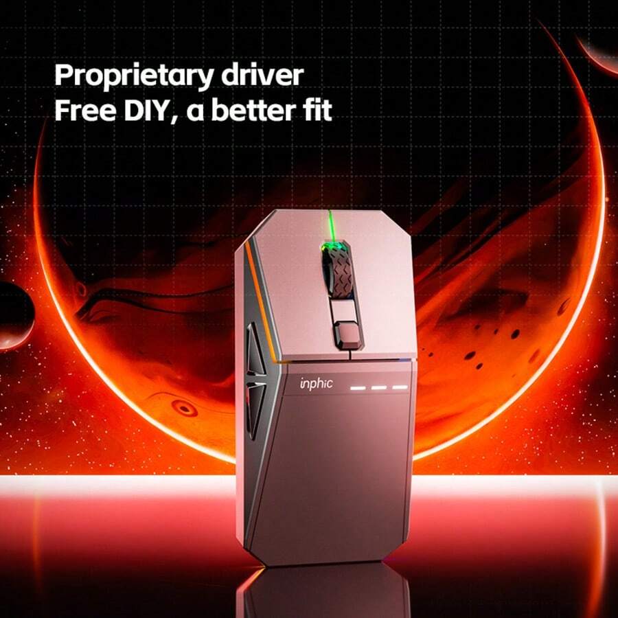 INPHIC YC-CYBER Mouse Gaming Nirkabel Tri-Mode, Saklar Mikro Senyap TTC, Desain Cyberpunk Fiksi Ilmiah, Pencahayaan RGB Dua Zona, Chip Gaming, DPI yang Dapat Diatur 6 Tingkat, Baterai 500mAh + Type-C + Indikator Baterai, Driver Khusus