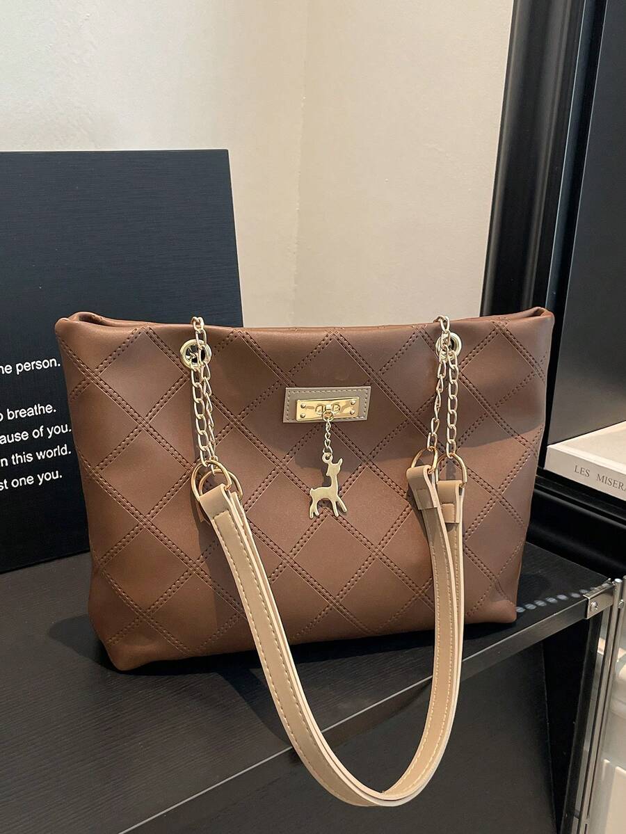 Personalized Large Capacity Women's Bag 2026 New Style Fashion Commuter Vintage Chain Handle Shoulder Bag Embossed Print Tote Bag - Brown - View 1