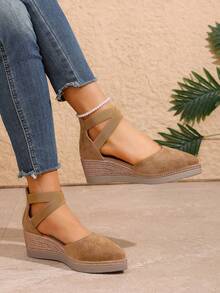 Damen-Keilsandalen mit geschlossener Zehenpartie aus Strohgeflecht, geflochtene Seil-Sandalen im römischen Stil mit dicker Sohle, sommerliche lässige Strandschuhe - Khaki - Übersicht 2