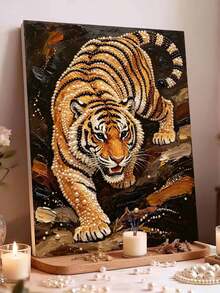 Pearl Painting Tiger Theme Frameless DIY Handmade Rhinestone Creative Diamond Painting Set, Suitable For Bedroom Decoration, Living Room Wall Art, Room Decor, Artwork, Gift For Friends - No Frame - View 2