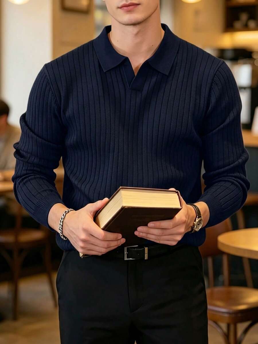 ALTZTAR 男士宽松修身长袖条纹针织 Polo 衫,简约时尚,适合日常通勤、春秋季穿着。 - 藏蓝色 - 查看 1