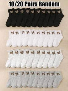 10/20 Pairs Random Crew Socks, Children's Socks, Leopard Print Heart Design Socks, Comfortable Breathable Soft, Student Socks, Suitable Daily Wear - Multicolor - View 1