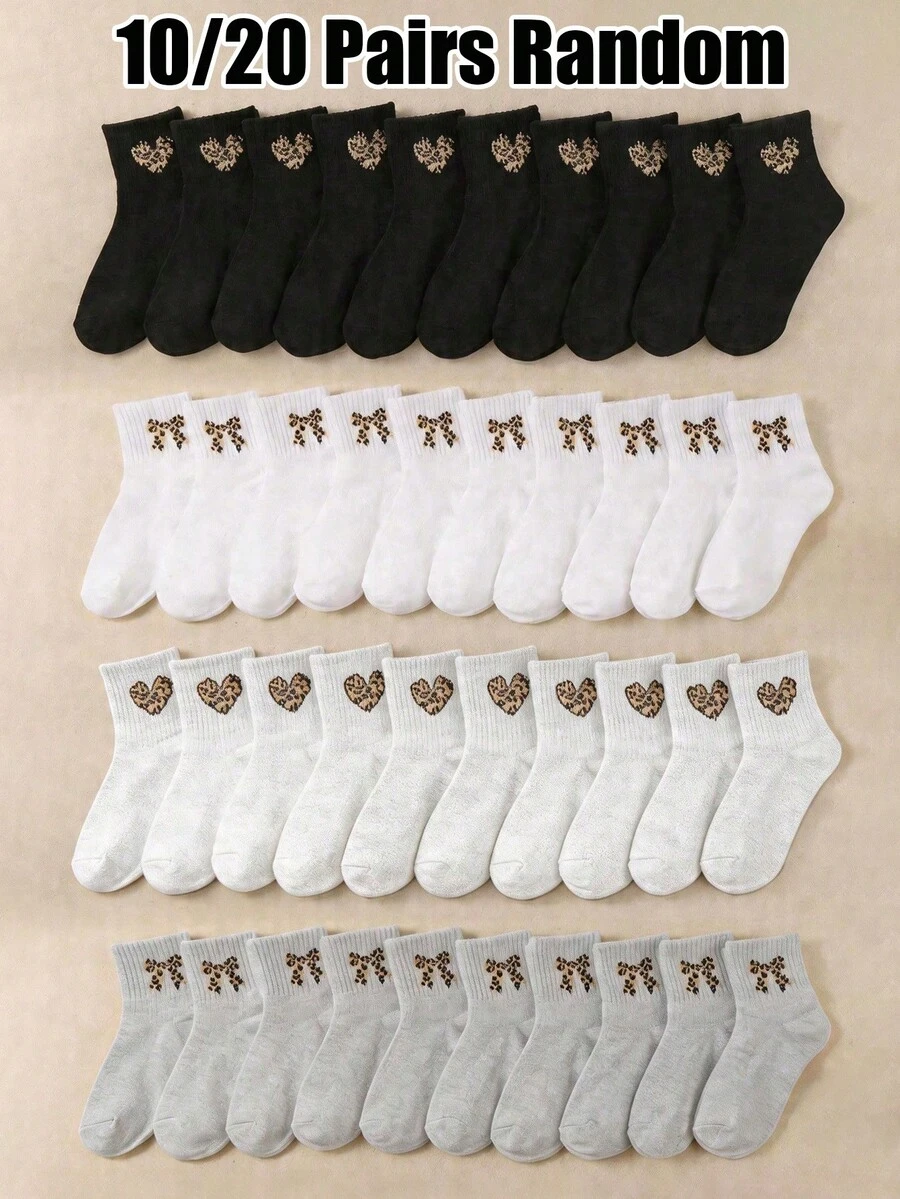 10/20 Pairs Random Crew Socks, Children's Socks, Leopard Print Heart Design Socks, Comfortable Breathable Soft, Student Socks, Suitable Daily Wear - Multicolor - View 1
