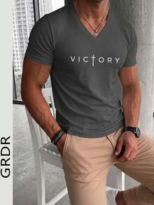 GRDR Men's Letter Print V-Neck Short Sleeve Casual T-Shirt - Dark Grey - View 2