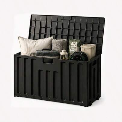 Waterproof Patio Storage Bench, 80 Gallon Resin Deck Box, Black Wood Grain, Weatherproof Container For Garden Tools, Outdoor Cushions & Pool Accessories