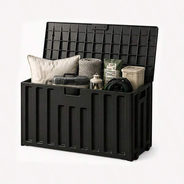Waterproof Patio Storage Bench, 80 Gallon Resin Deck Box, Black Wood Grain, Weatherproof Container For Garden Tools, Outdoor Cushions & Pool Accessories