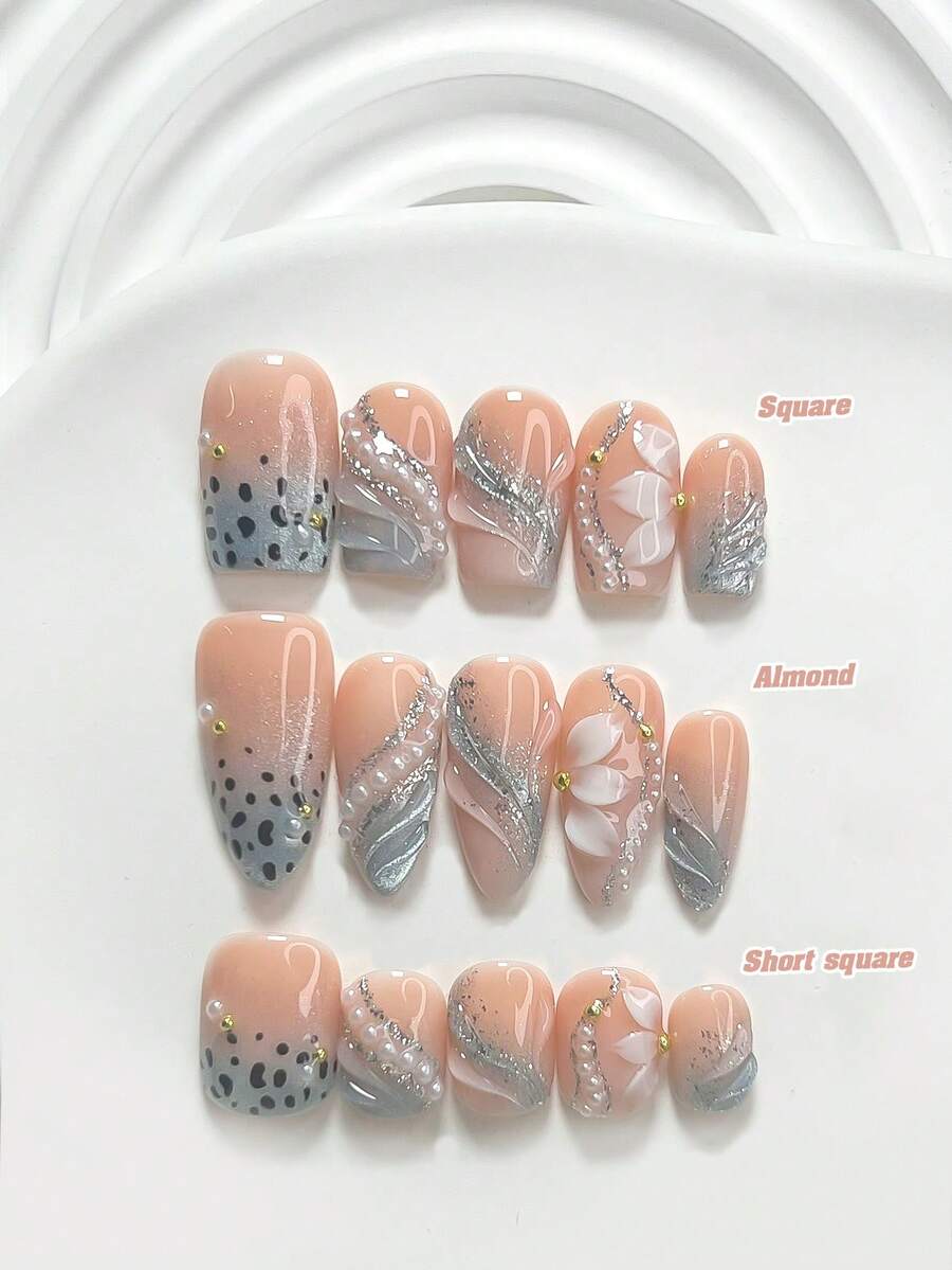 10片夢幻海洋風手工穿戴甲,Polygel美甲套組,花瓣與珍珠裝飾,藍色指甲油,清新風格,附美甲工具,3種尺寸可選,方型/短方型/杏仁型,適合派對、跳舞、日常配戴 - 彩色 - 查看 1