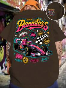 Camiseta de hombre con diseño de coche, impresión a doble cara, moderna y a la moda, holgada y suave, cuello redondo, ropa deportiva casual de calle para primavera y verano, camiseta de mang - Negro - Ver 8